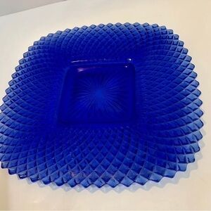 Blue depression cake plate serving dish Square 10 1/2 Inch Vintage